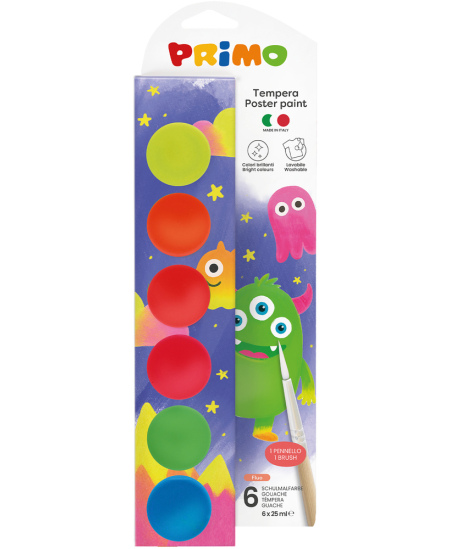 Guašas PRIMO, 6 fluorescencinės spalvos x 25 ml, su teptuku