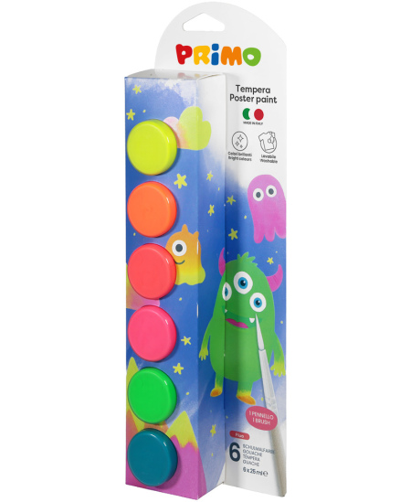 Guašas PRIMO, 6 fluorescencinės spalvos x 25 ml, su teptuku