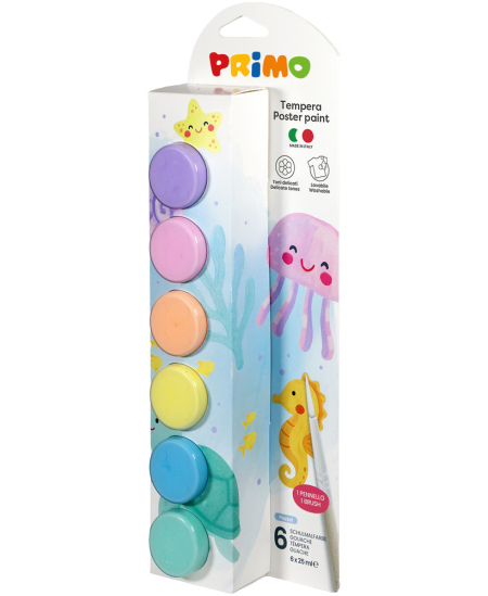 Guašas PRIMO, 6 pastelinės spalvos x 25 ml, su teptuku