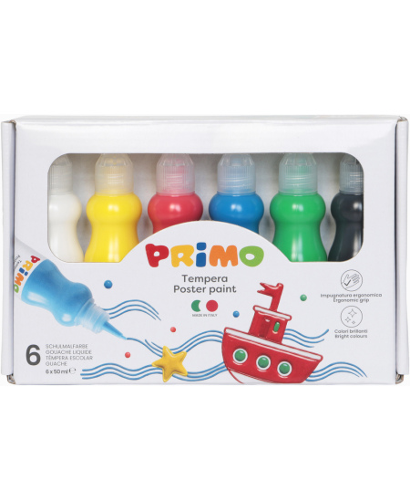 Guašas ergonomiškuose buteliukuose PRIMO, 6 spalvos x 50 ml