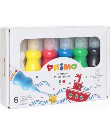Guašas ergonomiškuose buteliukuose PRIMO, 6 spalvos x 50 ml