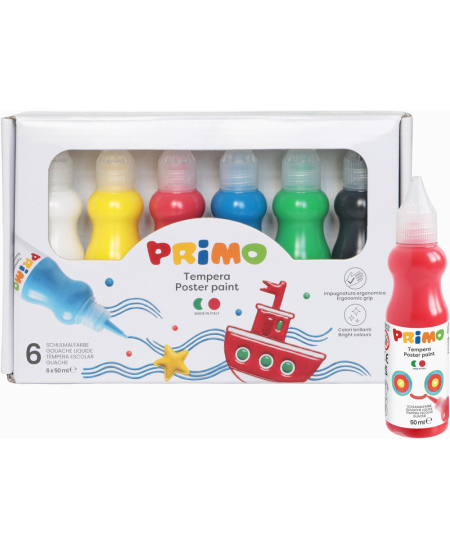 Guašas ergonomiškuose buteliukuose PRIMO, 6 spalvos x 50 ml