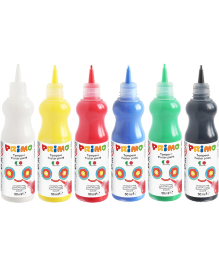 Guašas ergonomiškuose buteliukuose PRIMO, 6 spalvos x 50 ml