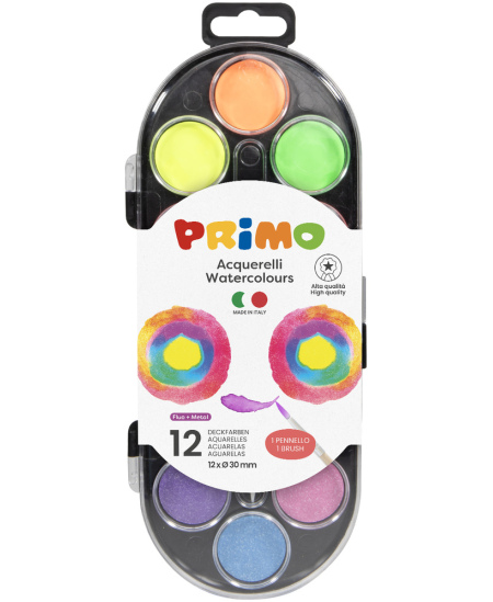 Akvarelė PRIMO, 12 metalizuotų ir fluorescencinių spalvų, su teptuku