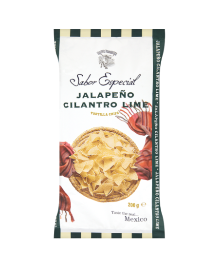 Kukurūzų tortilijų traškučiai SABOR ESPECIAL, su jalapeno pipirais, kelendra ir laimu, 120 g