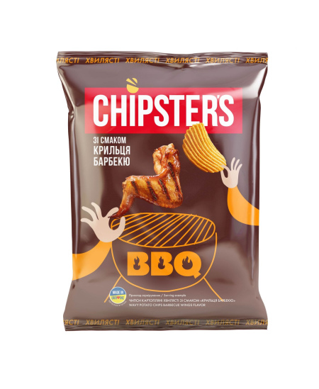 Bulvių traškučiai CHIPSTER'S, banguoti, BBQ vištienos sparnelių skonio, 60 g