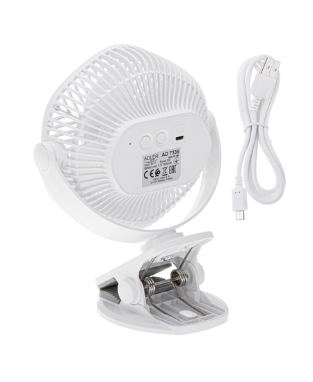 Adler Rechargeable fan with clip | AD 7335 | Table Fan | 6 W | Diameter 12.7 cm | Number of speeds 3 | Oscillation | White