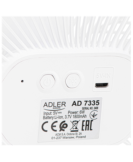 Adler Rechargeable fan with clip | AD 7335 | Table Fan | 6 W | Diameter 12.7 cm | Number of speeds 3 | Oscillation | White
