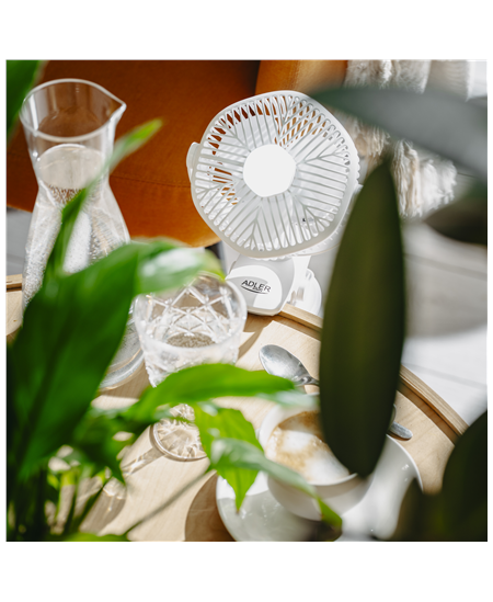 Adler Rechargeable fan with clip | AD 7335 | Table Fan | 6 W | Diameter 12.7 cm | Number of speeds 3 | Oscillation | White
