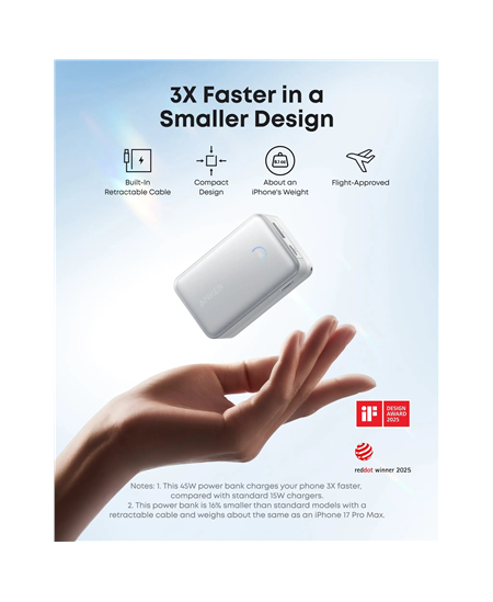 Anker Nano Power Bank 45W with Built-In Retractable USB-C Cable | A1638H11 | 10000 mAh | Black