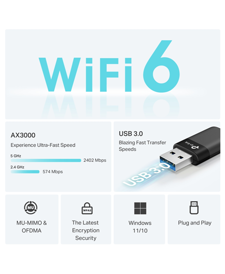TP-LINK AX3000 Dual Band Wi-Fi 6 Wireless USB Adapter | Archer TX50U | 2.4 GHz, 5 GHz | 802.11ax | MU-MiMO No | no PoE | Antenna