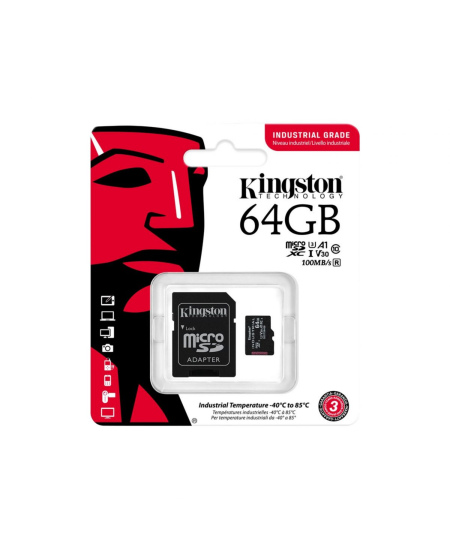 Kingston | UHS-I | 64 GB | microSDHC/SDXC Industrial Card | Flash memory class Class 10, UHS-I, U3, V30, A1 | SD Adapter