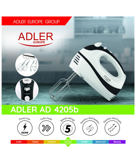 Adler | Mixer | AD 4205 b | Hand Mixer | 300 W | Number of speeds 5 | Turbo mode | White/Black