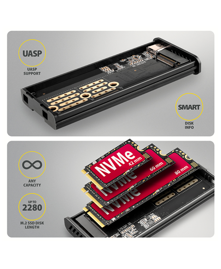 AXAGON USB-C 10Gbps - M.2 NVMe & SATA SSD DISPLAY box | EEM2-SD2B