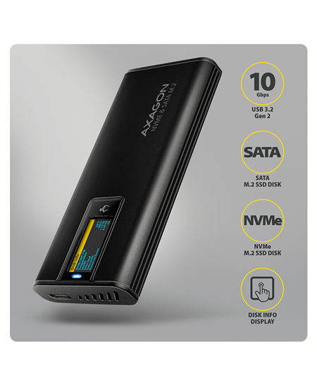 AXAGON USB-C 10Gbps - M.2 NVMe & SATA SSD DISPLAY box | EEM2-SD2B