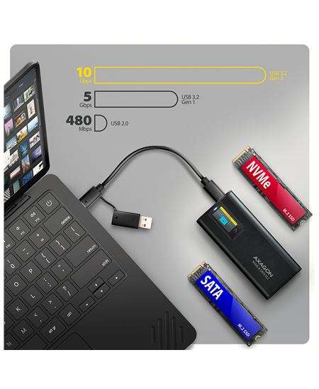 AXAGON USB-C 10Gbps - M.2 NVMe & SATA SSD DISPLAY box | EEM2-SD2B