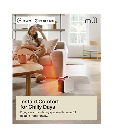 Mill | Compact PTC Fan Heater | CUS1800MECW | PTC Fan | 1800 W | Number of power levels 3 | Suitable for rooms up to 10-30 m² |