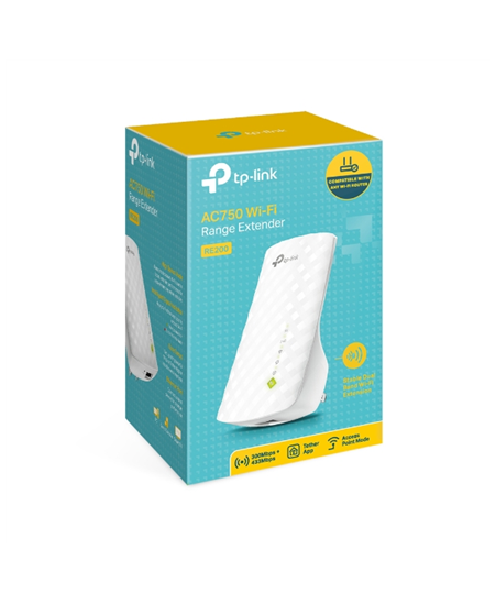 TP-LINK | Extender | RE200 | 802.11ac | 2.4GHz/5GHz | 300+433  Mbit/s | 10/100 Mbit/s | Ethernet LAN (RJ-45) ports 1 | MU-MiMO N