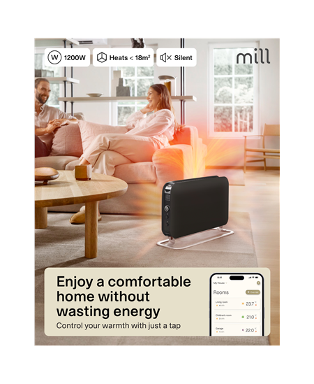 Mill CO1200WIFI3BLACK GEN3 Convection Heater, 1200W, Steel fronts, LED display, Black