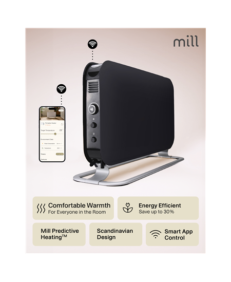 Mill CO1200WIFI3BLACK GEN3 Convection Heater, 1200W, Steel fronts, LED display, Black