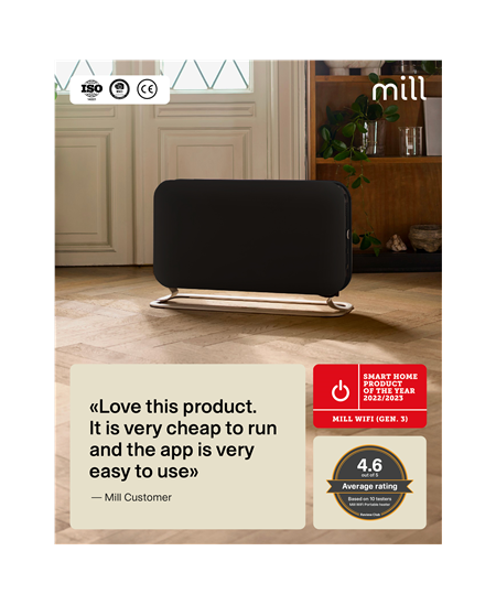 Mill CO1200WIFI3BLACK GEN3 Convection Heater, 1200W, Steel fronts, LED display, Black