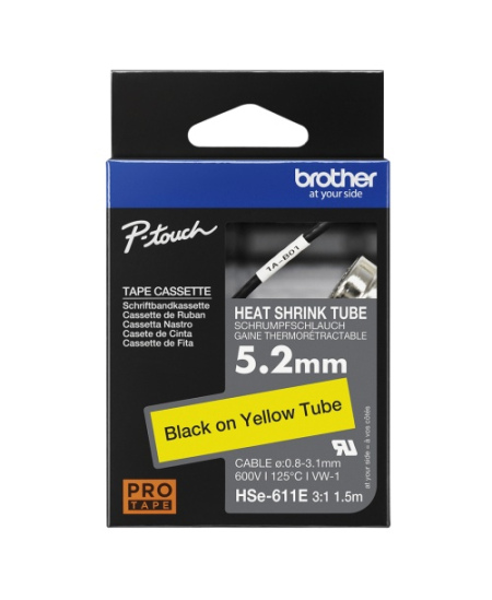 Brother HSe-611E (HSe611E) Heat Shrink Tube Ženklinimo juostelė, Black on Yellow, 5.2mm 1.5m
