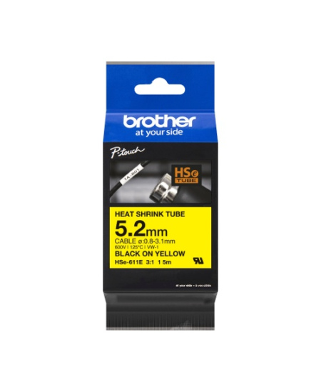 Brother HSe-611E (HSe611E) Heat Shrink Tube Ženklinimo juostelė, Black on Yellow, 5.2mm 1.5m