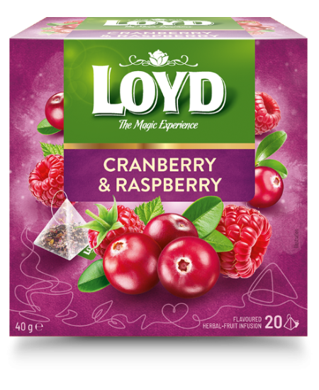 Žolelių ir vaisių arbata LOYD, spanguolių ir aviečių skonio, 20 x 2g