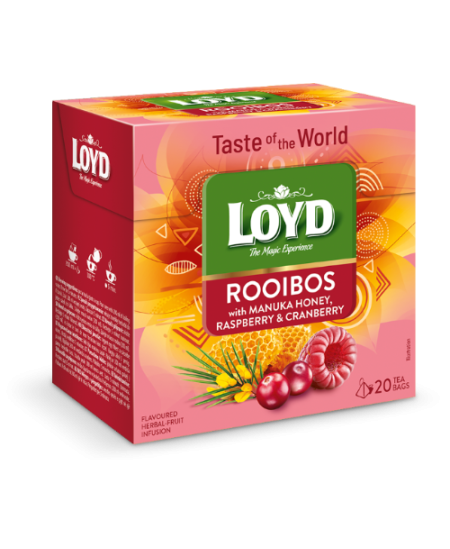 Žolelių ir vaisių raudonoji arbata LOYD, medaus, aviečių, spanguolių skonio, 20 x 1.7g