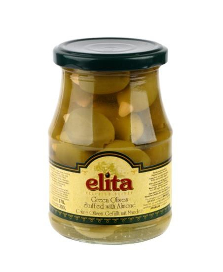 Alyvuogės ELITA žaliosios, su migdolų įdaru, L dydis, 370 g/ 200 g