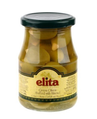 Alyvuogės ELITA žaliosios, su migdolų įdaru, L dydis, 370 g/ 200 g