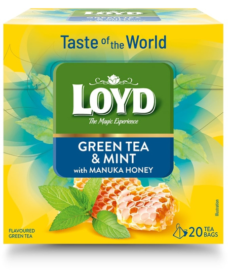 Aromatizuota žalioji arbata LOYD mėtos ir Manuka medaus skonio, 20x1,7g