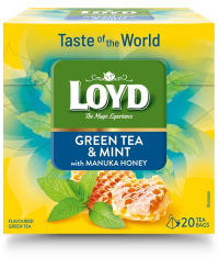 Aromatizuota žalioji arbata LOYD mėtos ir Manuka medaus skonio, 20x1,7g