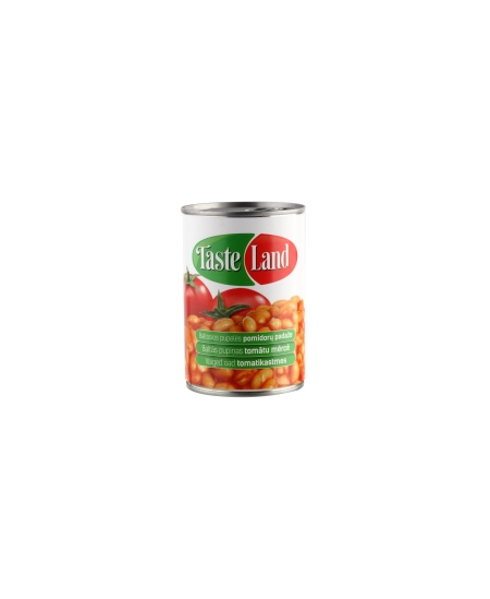 Konservuotos pupelės TASTE LAND, baltosios, pomidorų padaže, 400 g/255 g