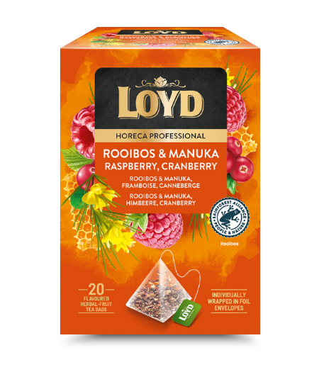 Vaisinės arbatos gėrimas LOYD Rooibos su manuka medumi avietėmis ir spanguolėmis, piramidė,20 x 1,7g