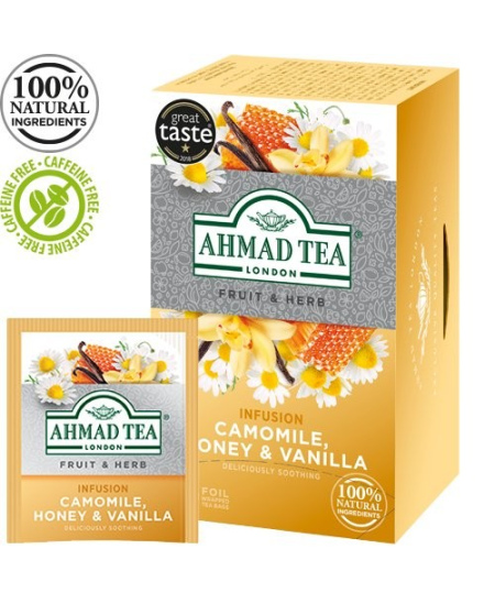 Vaisių ir žolelių arbata AHMAD Camomile Honey & Vanilla, 20 arbatos pakelių x 2 g, vokeliuose