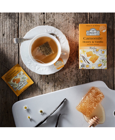 Vaisių ir žolelių arbata AHMAD Camomile Honey & Vanilla, 20 arbatos pakelių x 2 g, vokeliuose