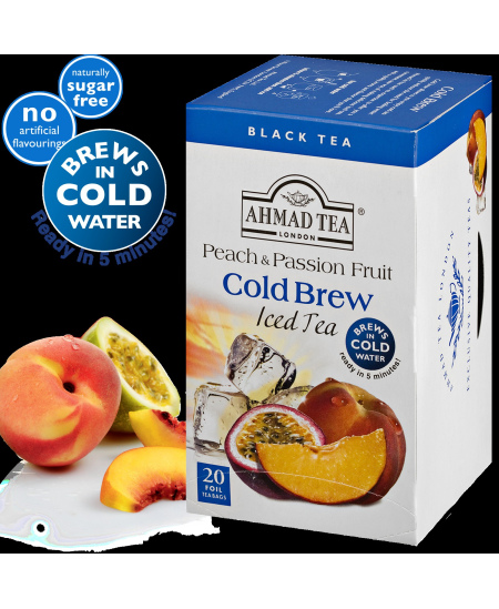 Šaltoji juodoji arbata AHMAD Peach & Passion Fruit, 20 folijos pakelių