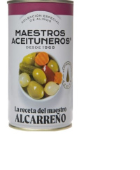 Žalios alyvuogės MAESTROS ACEITUNEROS, su raudonaisiais čili pipi., agurk., mork., svog., 350g/185 g
