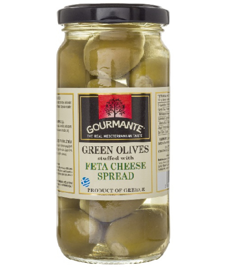 Žaliosios alyvuogės GOURMANTE, įdarytos feta, alyvuogių aliejuje, 244 g
