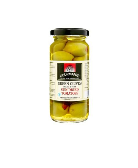 Žaliosios alyvuogės GOURMANTE, įdarytos saulėje džiovintais pomidorais, sūryme, 227 g/127 g