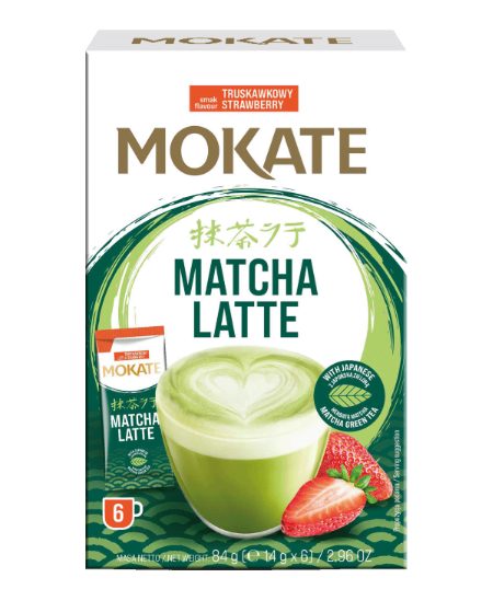Žaliosios arbatos gėrimas MOKATE Matcha latte su braškėmis, 6 x 14g