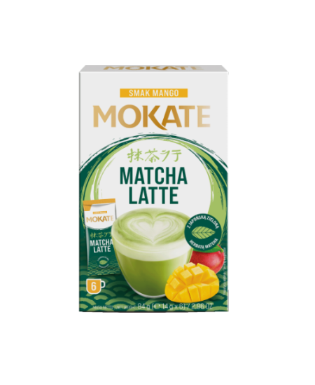 Žaliosios arbatos gėrimas MOKATE latte matcha ir mango skonio, 6 x 14g