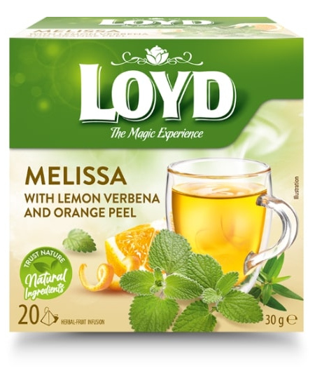 Žolelių arbatos gėrimas LOYD, Melisa su citrinine aloyzija ir apelsino žievelės skoniu, 20x2 g