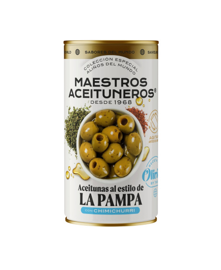 Žalios be kauliukų alyvuogės MAESTROS ACEITUNEROS, „Pampa“ skonio, su čimičiuri padažu, 320/150 g