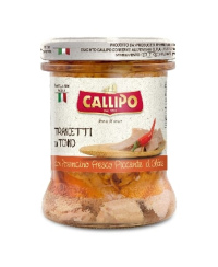 Gelsvauodegių tunų gabaliukai, CALLIPO, su aitriosiomis paprikomis, alyvuogių aliejuje 170g