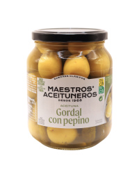 Žaliosios alyvuogės Gordal be kauliukų, MAESTROS ACEITUNEROS, su marinuotais agurkėliais, 700/300 g