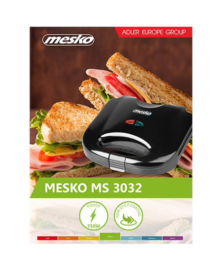 Mesko | Sandwich maker | MS 3032 | 750 W | Number of plates 1 | Number of pastry 2 | Black