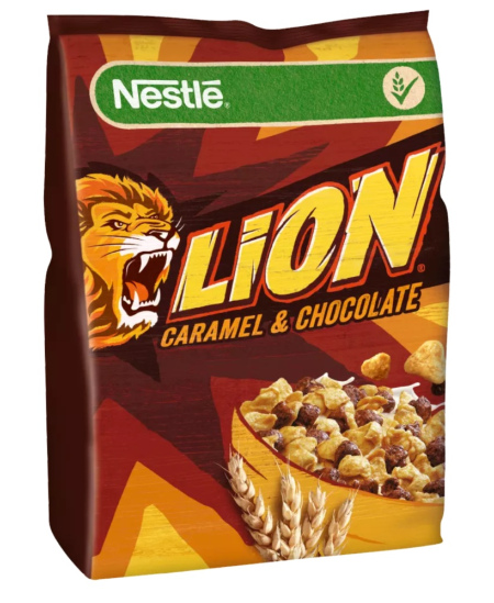 Pusryčių dribsniai NESTLE Lion, su šokoladu ir karamele, 450 g
