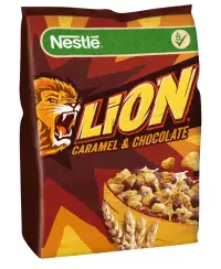 Pusryčių dribsniai NESTLE Lion, su šokoladu ir karamele, 450 g